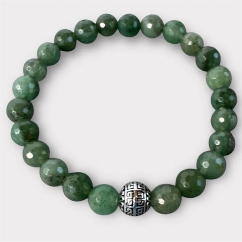 HAND CRAFTED Faceted Jade Stretch Bracelet 7” Green Silver Greek Key Beaded NWT